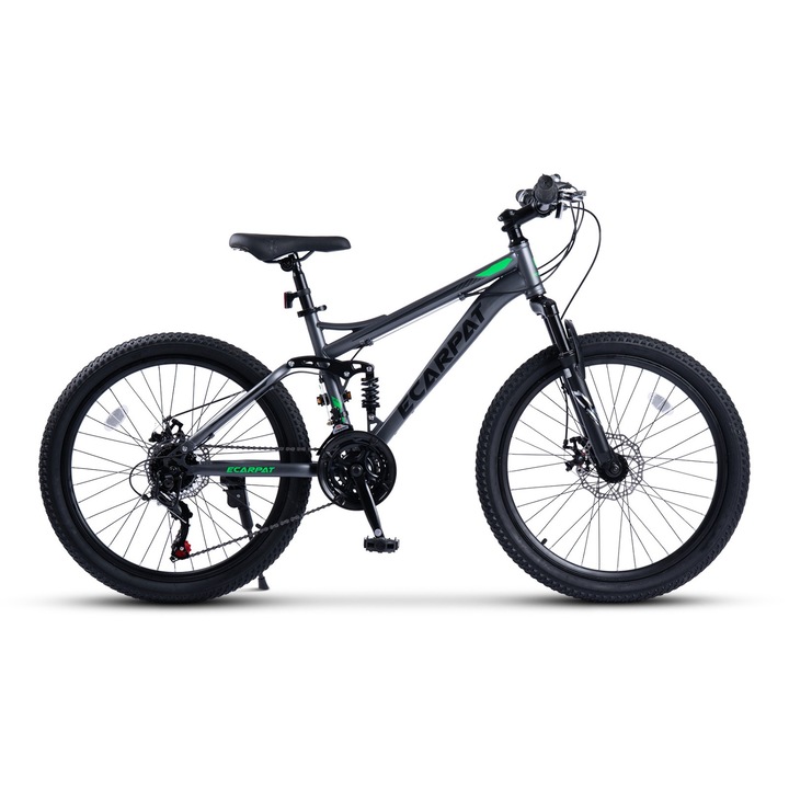 Bicicleta MTB pentru Copii cu Roti de 24", Dubla Suspensie, Frane DISC, Manete Rotative, 21 Viteze, gri/negru/verde, Mountain Bike E-Carpat New Generation 2025 pentru copii 9/12 ani-Intre 130-150 cm, 17.2 kg