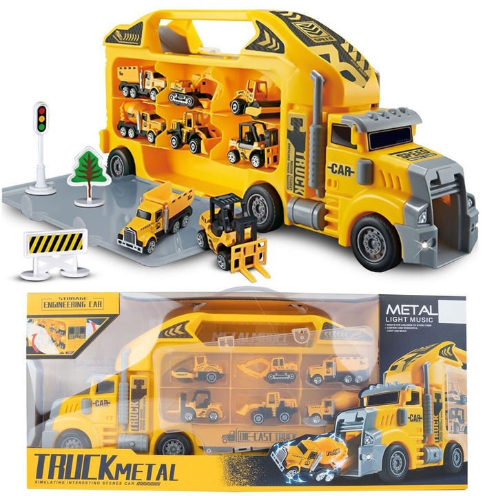 Camion Trailer Long Truck idealSTORE, cu 6 Vehicule destinate Santierelor de Constructii si 4 Indicatoare Auto, cu Sunete si Lumini, Roti din Cauciuc, Tobogan Stil Rampa de Lansare, Baterii Incluse