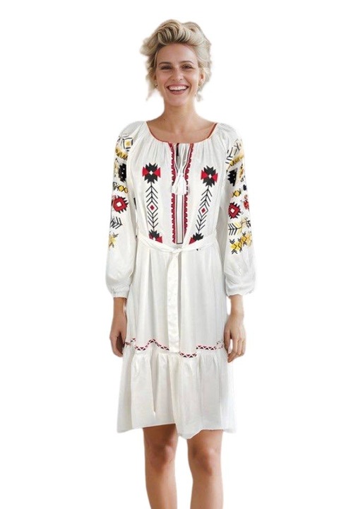 Rochie traditionala dama R, Alb/Galben pal