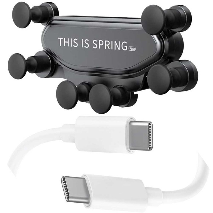 Автомобилна Стойка за Телефон с Захващане за Вентилационната Решетка, Въртяща се на 360° и Кабел за Данни и Зареждане USB C – USB C, 2A, 1м, Бързо Зареждане