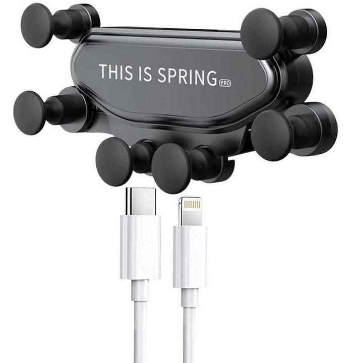 Autós telefontartó szellőzőrácsra rögzíthető, 360°-ban forgatható, és USB C – Lightning adat- és töltőkábel, 2A, 1m, Gyorstöltés