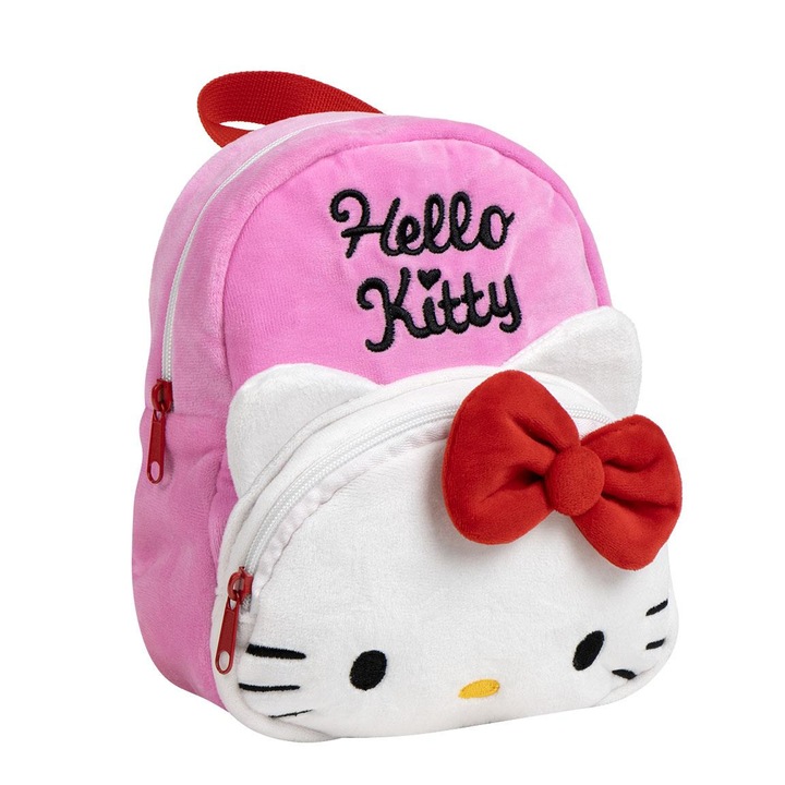 Mini Ghiozdan gradinita plus cu buzunar frontal Hello Kitty 22x18x12 cm Roz