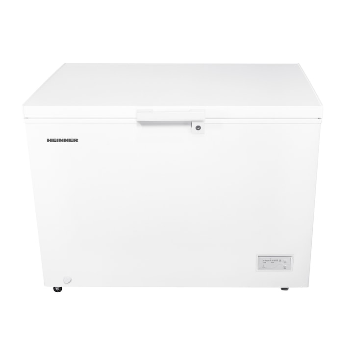 Lada frigorifica Heinner HCF-HM308INVCD, 308 l, Clasa D, Compresor inverter, Control electronic, Convertibila frigider/congelator, 2 cosuri, Maner cu incuietoare, Rezistenta la frig, Waterproof Display, Alb