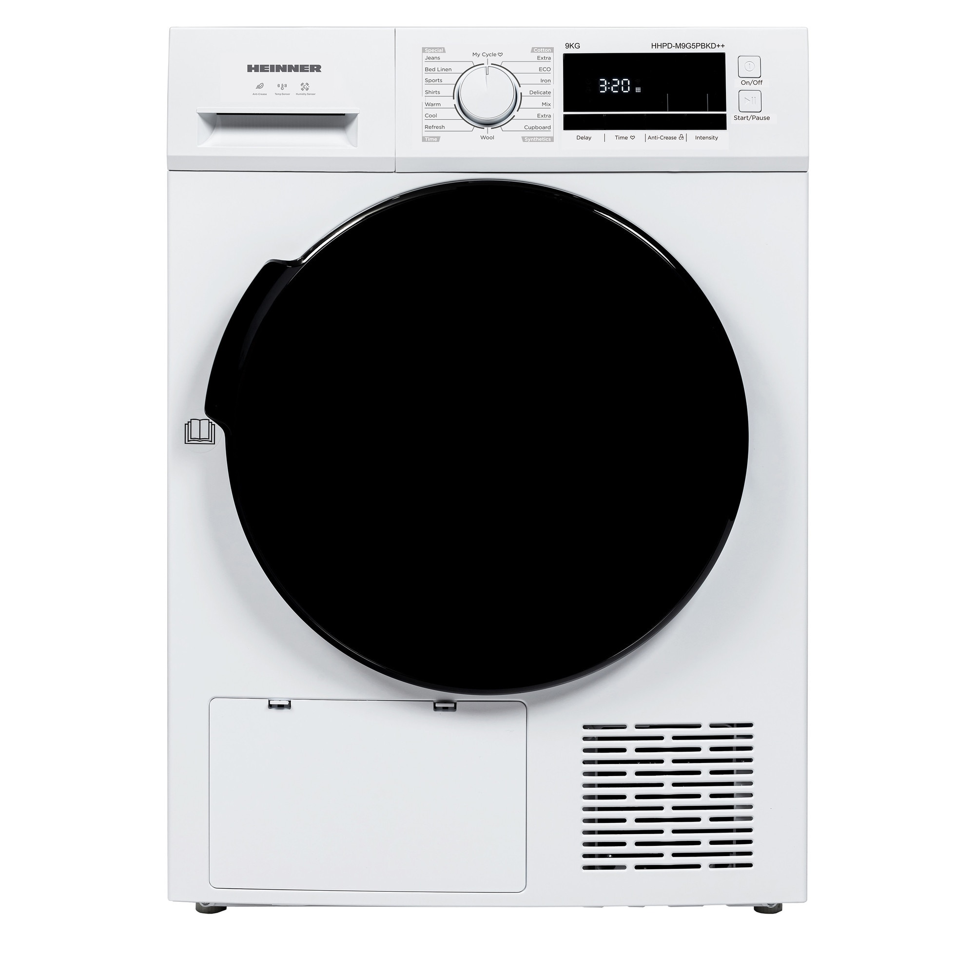 Uscator de rufe Heinner HHPD-M9G5PBKD++, Pompa de caldura, 9 kg, 16 programe, Clasa D, Display LED, Functie anti-sifonare, Lumina cuva, Indicator curatare filtru scame, Indicator r