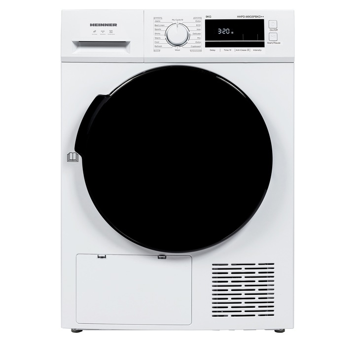 Сушилня с термопомпа Heinner HHPD-M9G5PBKD++, 9 кг, 16 програми, Клас D, LED дисплей, Функция против намачкване, Осветеление в барабана, Индикатор за почистване на филтъра за мъх, Бял