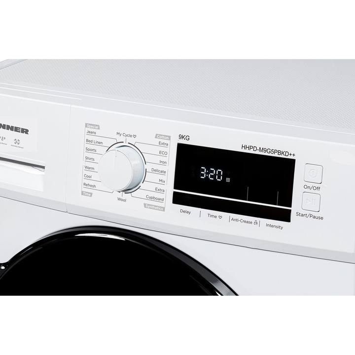 Сушилня Heinner HHPD-M9G5PBKD++, Термопомпа, 9 кг, 16 програми, Клас D, LED дисплей, Функция против намачкване, Индикатор за почистване на филтъра за мъх, Индикатор за пълен резервоар за вода, Заключване за деца, Бял