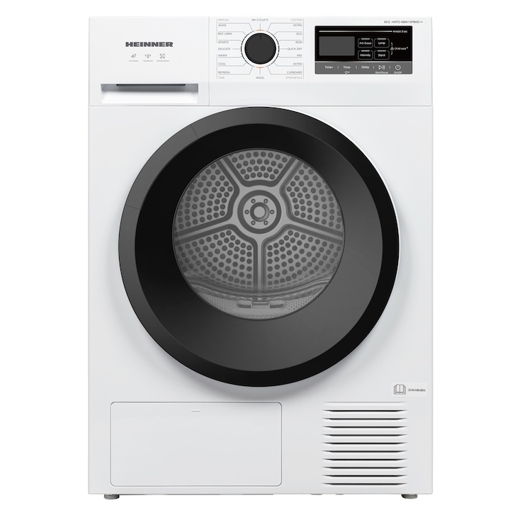 Сушилня с термопомпа Heinner HHPD-M8N13PBKE++, 8кг, 16 програми, Клас E, LED дисплей, Бърза програма за ризи, Функция против намачкване, Осветеление в барабана, Индикатор за почистване на филтъра за мъх, Бял