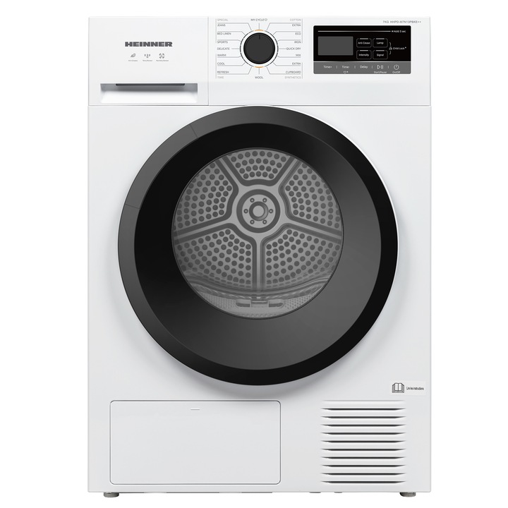 Uscator de rufe Heinner HHPD-M7N13PBKE++, Pompa de caldura, 7 kg, 16 programe, Clasa E, Display LED, Functie anti-sifonare, Lumina cuva, Indicator curatare filtru scame, Indicator rezervor colectare apa plin, Blocare acces copii, Alb