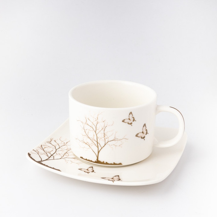 Set 6 ceşti cafea/ceai cu farfurie, Malooki, imprimeu fluturi, porțelan, alb, 180ml, 15cm