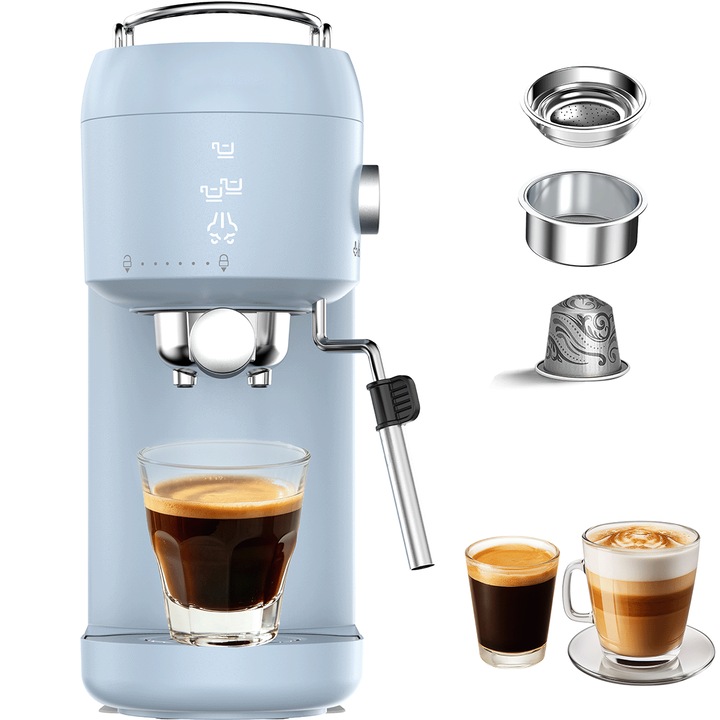 Espressor Multifunctional 5 in 1, 20 Bar, Usor de folosit, Panou Touch Control, Spumare Lapte/ Apa calda, Nespresso/ Pad Cafea/ Macinata, Oprire Automata, Design Compact, 1400W, 1L