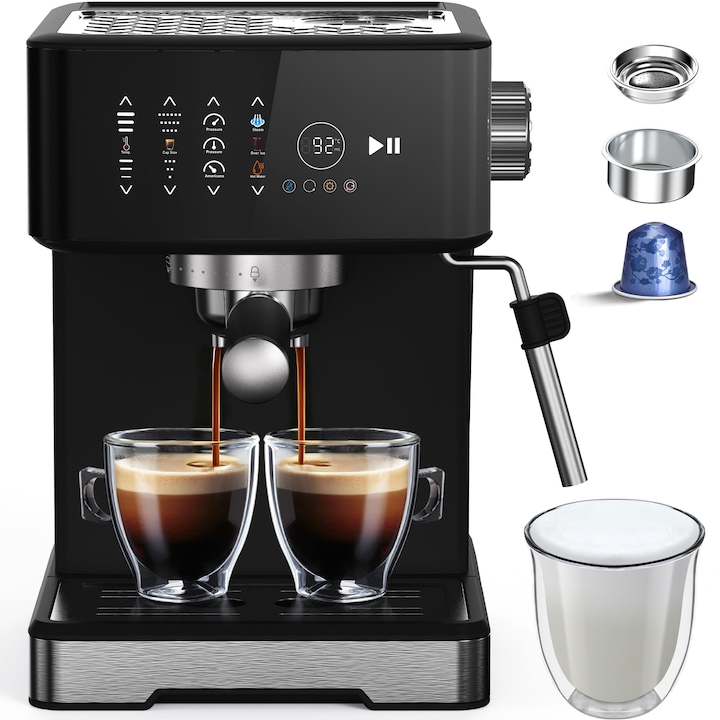 Espressor Multifunctional 5 in 1, 20 Bar, Cafea Peste Gheata, Ecran Color Tactil, 108 Optiuni Personalizabile (6 Temperaturi, 6 Dimensiuni, 3 Niveluri Presiune), Abur/ Apa Calda, Rezervor 1.7L, 1400W, Negru