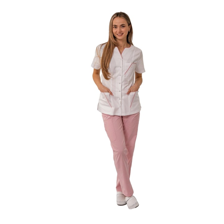 Bluza medicala Irina, de dama, cu insertie color roz pudra, marime L