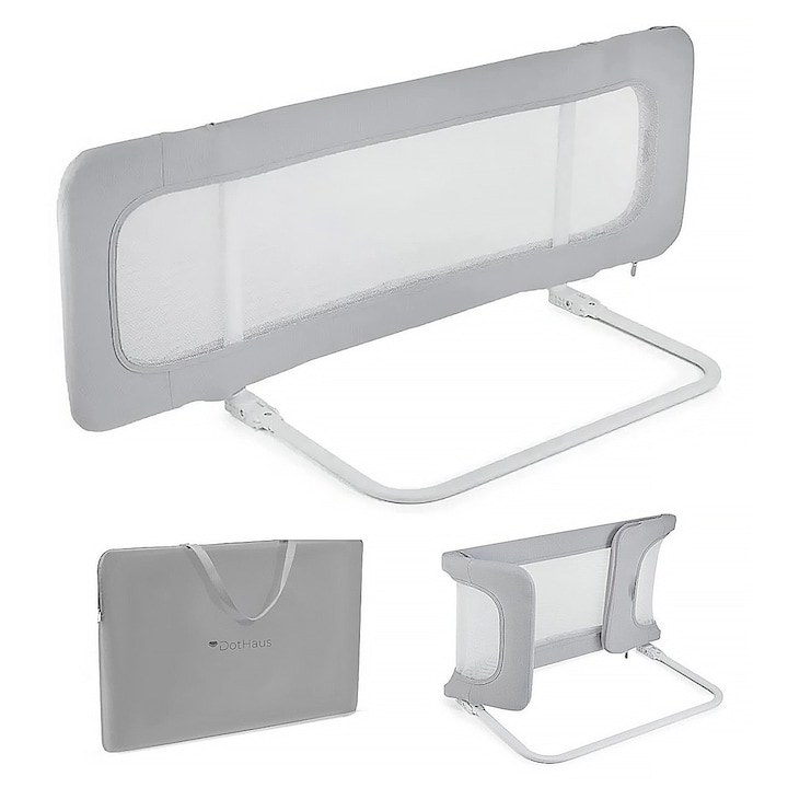 Bariera de protectie pentru pat DotHaus PRO-Fence, Margine de siguranta portabila pentru copii, Ajustare Inaltime 40-70 cm, Lungime 180 cm, Pliabila pe lungime, 3 moduri de utilizare, Cadru curbat, Textil detasabil cu fermuar si mesh ultra eleastic, Gri