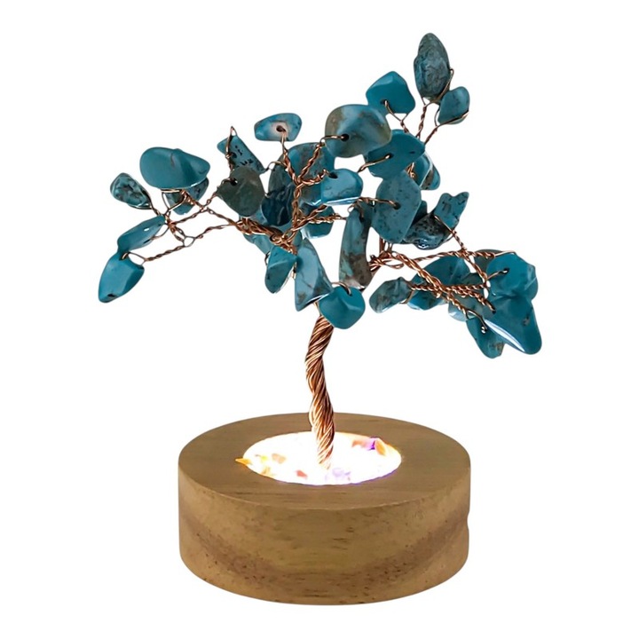 Pomul vieti Feng Shui cu Cristale Albastre si Baza Luminoasa din Lemn