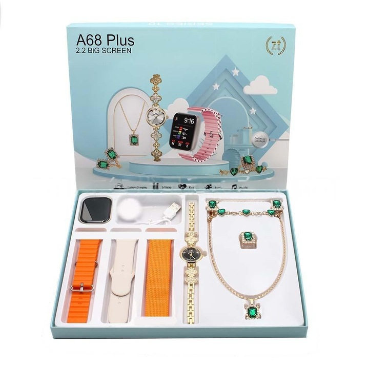 Set ceas smartwatch si bijuterii (colier, inel, bratara, ceas), 3 curele interschimbabile, Dactylion®