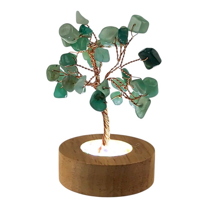 Pomul vieti Feng Shui cu Cristale Verzi si Baza Luminoasa din Lemn