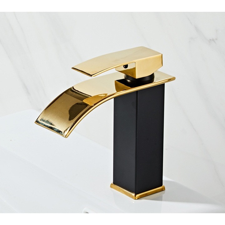 Смесител за мивка водопад за баня, Корпус от качествен месинг, Многослойно покритие, Струя топла/студена вода, Маркуч от неръждаема стомана против експлозия, Издръжлив керамичен патрон, Модерен дизайн, 20 СМ, Смарт джаджи C&A, Черно злато