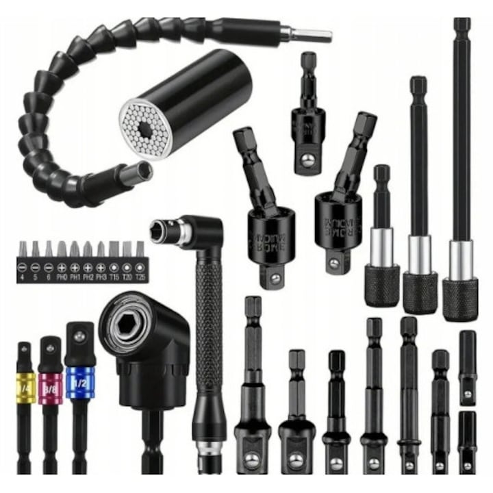 Комплект 31 аксесоара за пробиване и завинтване, Zola, гъвкави удължители, универсални магнитни накрайници, ъглови адаптери 105°, различни накрайници PH/PZ/T/H, стомана, черни