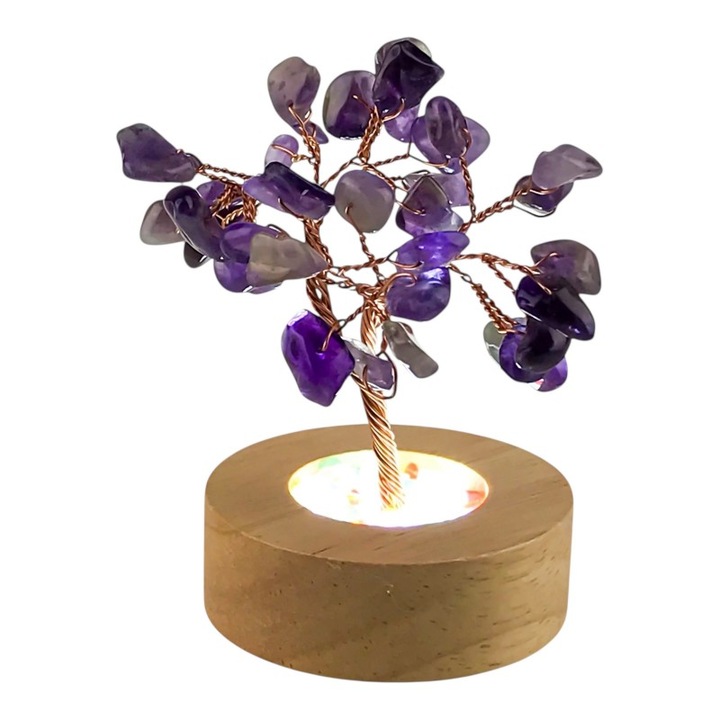 Feng Shui Életfa Lila Kristályokkal és Világító Fa Alappal