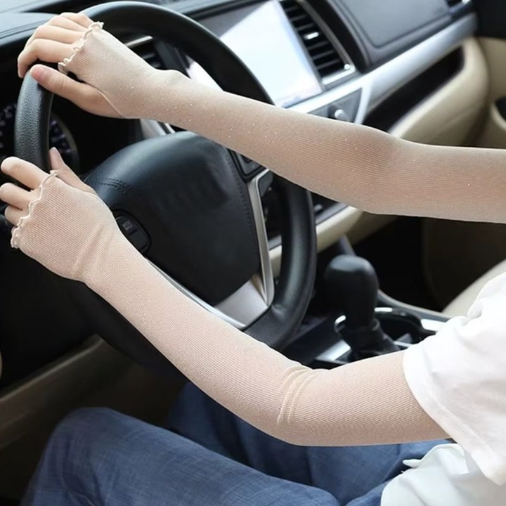 Set de 2 manusi fara degete, ZOUN, protectie UV, mansoane pentru gheata, respirabile, tesatura din plasa, potrivite pentru condus sau mers pe jos, marime universala, 50 cm, culoare naturala