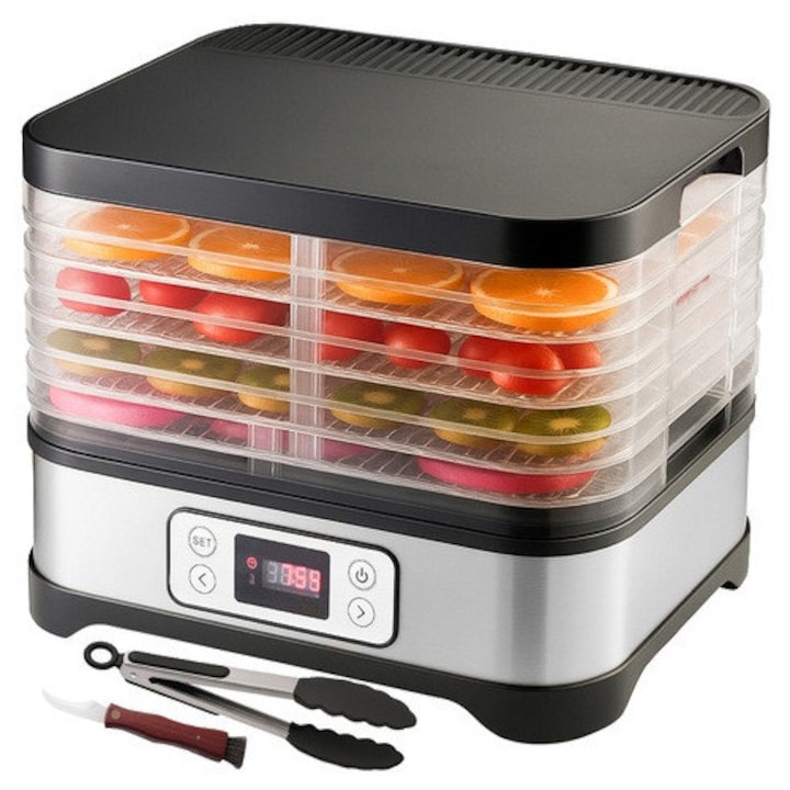 Дехидратор за храни, Зола, 400W, 5 тави, регулируема температура 35-70 °C, 24-часов таймер, LCD дисплей, вентилатор, капацитет 10 L, неръждаема стомана