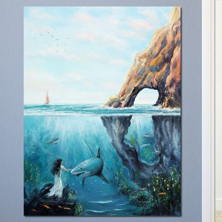 Tablou Canvas Premium, LuxCanva® M1424, Chemarea Apelor, 45 X 60 CM, Panza Bumbac 100% 400g/m2, Sasiu Lemn, Stanca, Rechin, Ocean, Alge, Femeie, Pesti, Adancuri, Natura, Lumina, Vis, Birou, Living, Camera Copil