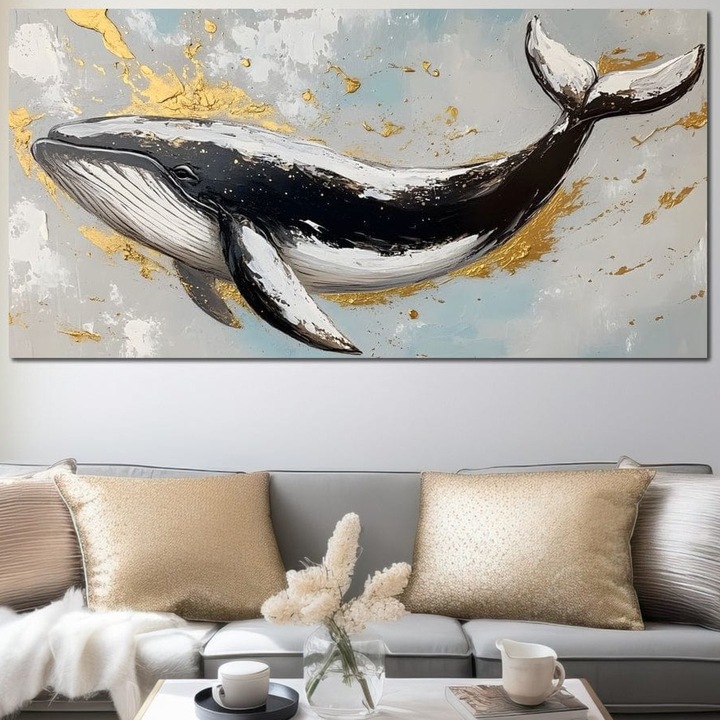 Tablou Canvas Premium, LuxCanva® M1425, Balena de Aur, 50 X 100 CM, Panza Bumbac 100% 400g/m2, Sasiu Lemn, Arta Abstracta, Auriu, Valuri, Balena, Pictura, Ocean, Adancuri, Colos, Elegant, Birou, Living, Camera Copil