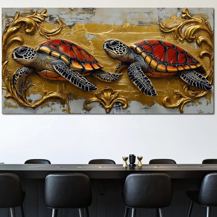 Tablou Canvas Premium, LuxCanva® M1426, Promisiunea Marii, 70 X 140 CM, Panza Bumbac 100% 400g/m2, Sasiu Lemn, Testoase, Pereche, Eleganta, Natura, Ornament, Regal, Cuplu, Ocean, Abstract, Pictura, Birou, Living, Camera Copil