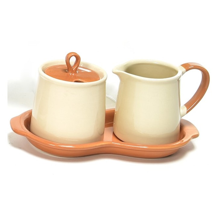 Set Cana si Zaharnita cu tava, cana 230ml, recipient zahar 260ml cu capac si lingurita, ceramica, Maro si bej