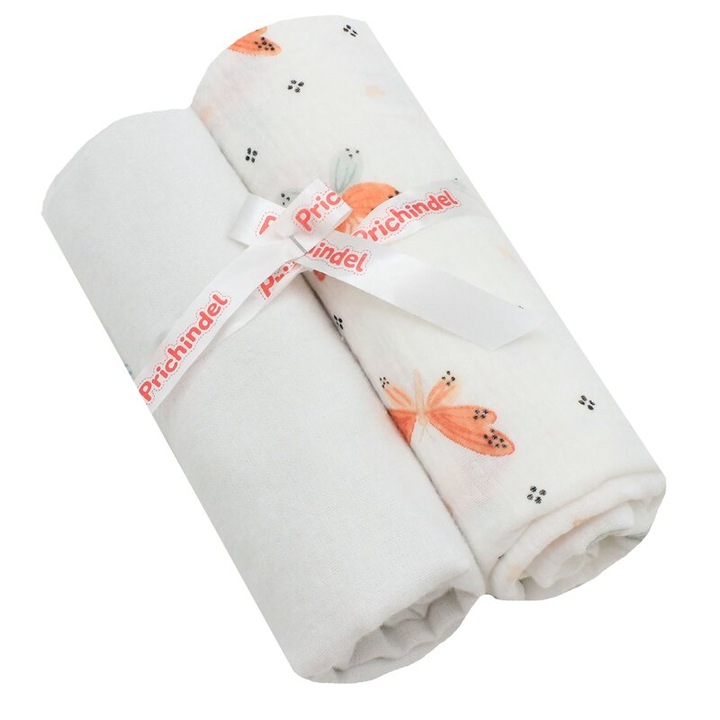 Set 2 scutece, muselina si finet, fluturasi portocalii, 80 x 67 cm