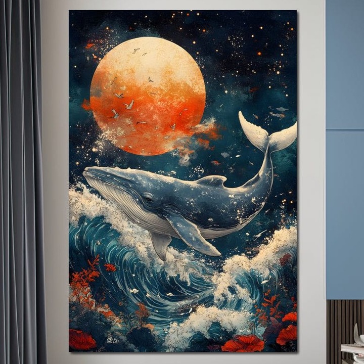 Tablou Canvas Premium, LuxCanva® M1427, Epopeea Oceanului, 40 X 60 CM, Panza Bumbac 100% 400g/m2, Sasiu Lemn, Balena, Luna, Valuri, Ocean, Noapte, Stele, Abis, Flori, Pasari, Pesti, Acvatic, Birou, Living, Camera Copil