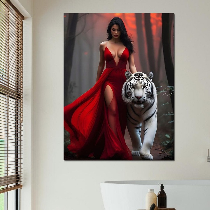 Премиум Канавас Картина, LuxCanva® M1428, Укротителката на Зверове, 100 X 135 CM, 100% Памучно Платно 400гр/м2, Дървена Рамка, Тигър, Жена, Рокля, Съблазън, Страст, Дивота, Гора, Котка, Звяр, Офис, Всекидневна, Детска стая