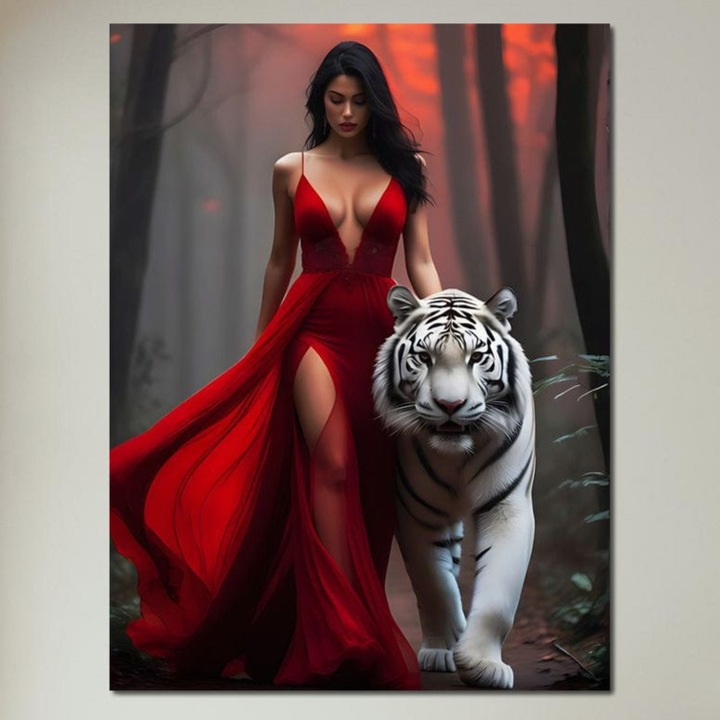 Tablou Canvas Premium, LuxCanva® M1428, Imblanzitoarea de Fiare, 75 X 100 CM, Panza Bumbac 100% 400g/m2, Sasiu Lemn, Tigru, Femeie, Rochie, Seductie, Pasiune, Salbaticie, Padure, Felina, Bestie, Birou, Living, Camera Copil