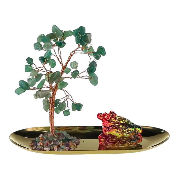 Decoratiune formata din tavita din metal cu copac din sarma cu pietricele si broasca din sticla 18x15 cm Verde