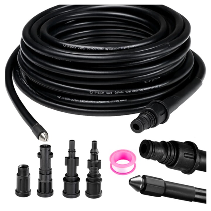 Furtun pentru desfundarea tevilor, Zola, lungime 15 m, 138 bar, compatibil cu aparat de spalat cu presiune, 4 adaptoare, flexibil, PVC, negru