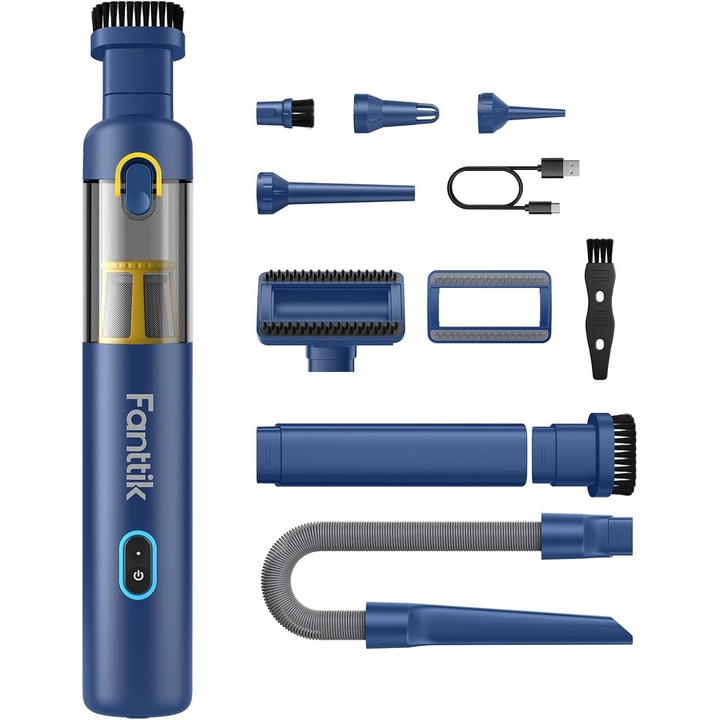Aspirator de masina Fanttik Slim V8 Apex, putere mare 19000PA, portabil 4 in 1, incarcare rapida 2, 5 ore tip C, timp de functionare de pana la 40 de minute, pentru masina, casa, curatarea tastaturii, albastru