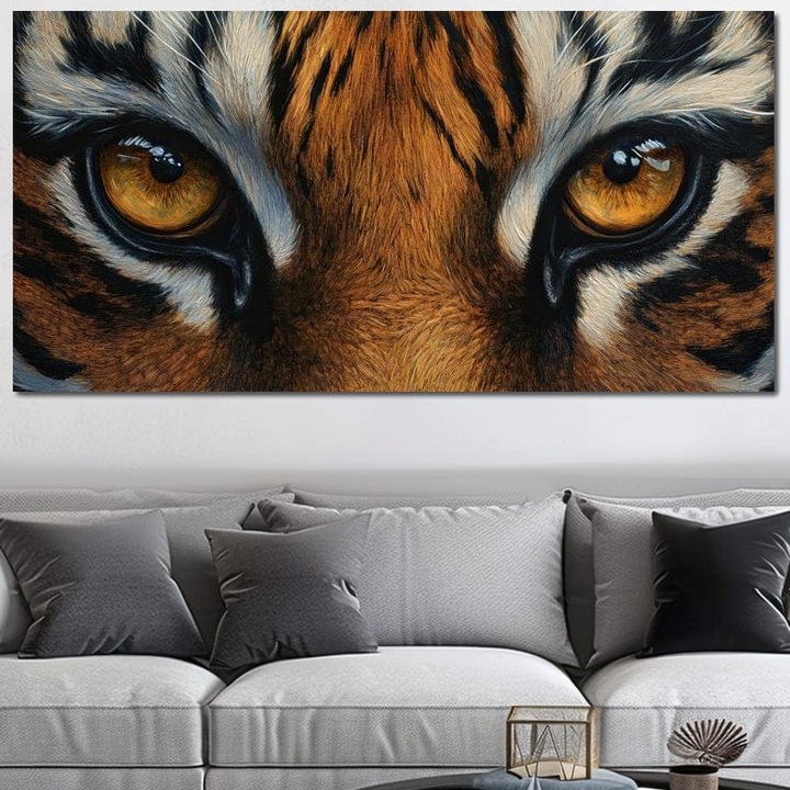 Tablou Canvas Premium, LuxCanva® M1431, Spirit Ascuns, 50 X 100 CM, Panza Bumbac 100% 400g/m2, Sasiu Lemn, Privire, Ochi, Foc, Mister, Putere, Instinct, Bestie, Tigru, Felina, Jungla, Exotic, Birou, Living, Camera Copil