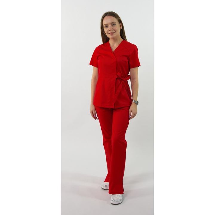 Bluza medicala dama Vicky, culoare rosu, tip kimono, decolteu in V, maneca scurta, marime S