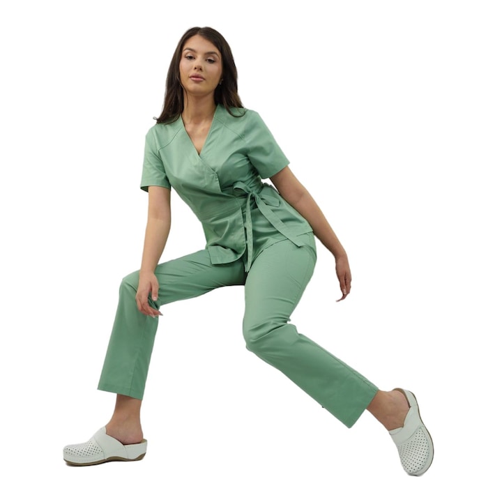 Bluza medicala dama Vicky, culoare verde jad, tip kimono, decolteu in V, maneca scurta, marime XS