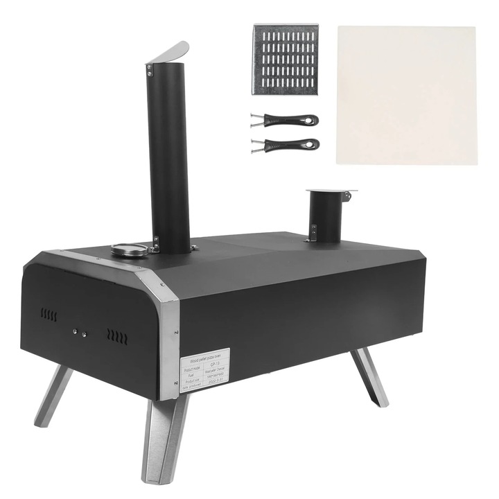 Cuptor de pizza pentru exterior, 30 cm, pe lemne, portabil, otel inoxidabil, negru