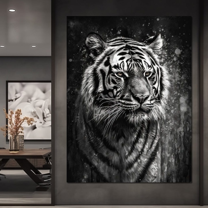 Премиум Канава Картина, LuxCanva® M1433, Невидимият звяр, 90 X 120 СМ, Платно 100% Памук 400г/м2, Дървена рамка, Монохромно, Картина, Портрет, Абстрактно, Тигър, Черно и Бяло, Котка, Звяр, Сянка, Мощен, Благороден, Офис, Всекидневна, Детска стая