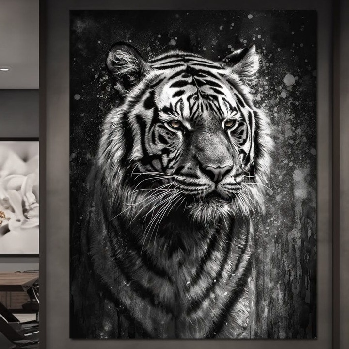 Tablou Canvas Premium, LuxCanva® M1433, Fiara Nevazuta, 45 X 60 CM, Panza Bumbac 100% 400g/m2, Sasiu Lemn, Monocrom, Pictura, Portret, Abstract, Tigru, Alb si Negru, Felina, Bestie, Umbra, Puternic, Nobil, Birou, Living, Camera Copil