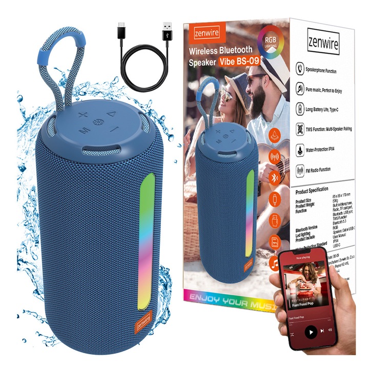 Zenwire® BS-09 hordozható hangszóró, 26W Pro Sound Sztereó, Bluetooth 5.3, TWS, Boombox MP3, FM rádió, USB és microSD, beépített mikrofon, RGB világítás, IPX4, 2500 mAh akkumulátor, 5.5 óra lejátszási idő, kültéri, kompakt és könnyű