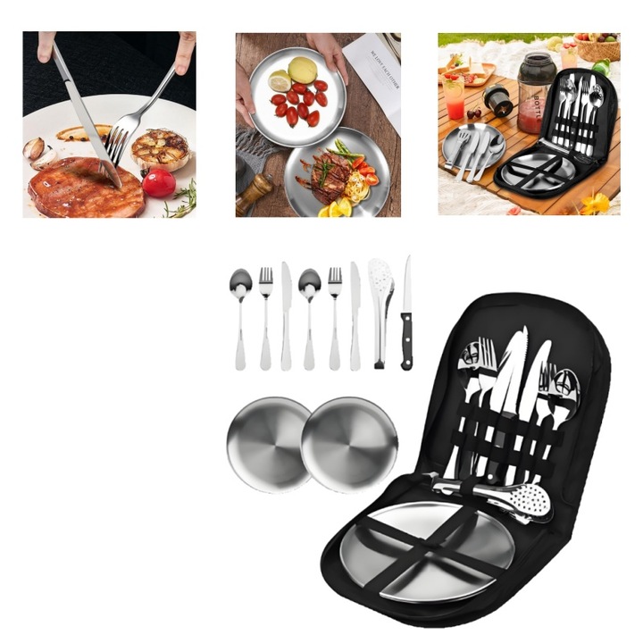 Set de tacamuri portabile pentru exterior, format din 10 piese, potrivit pentru picnicuri si camping, cu lingura, furculita si cutit