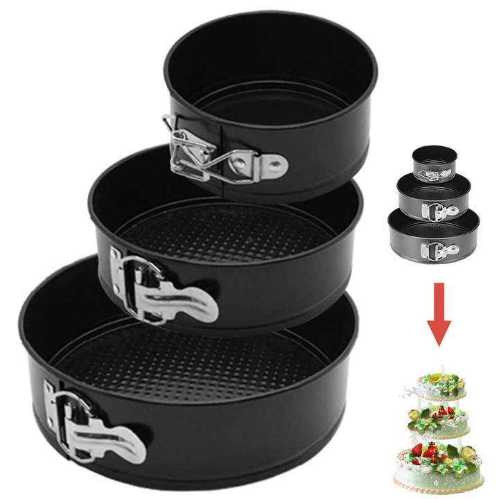 1set(18cm+20cm+22cm) tavi pentru Copt, Forma Rotunda, cu Baza Detasabila, Negru