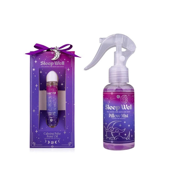 Ulei Roll-on pentru Puncte de Puls 8 ml + Spray pentru Perna 90 ml, Set Aromaterapeutic Accentra Sleep Well cu Lavanda si Patchouli, Relaxare si Somn Natural, Vegan