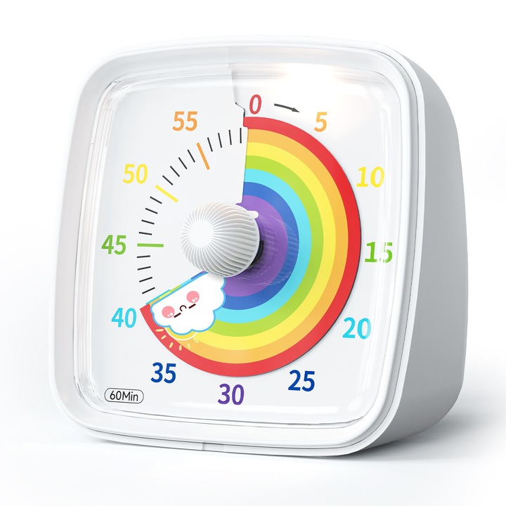 Универсален визуален таймер за деца и възрастни – 60-минутен таймер за обратно броене на дъгата, с функция за безшумно тикване, бял модел