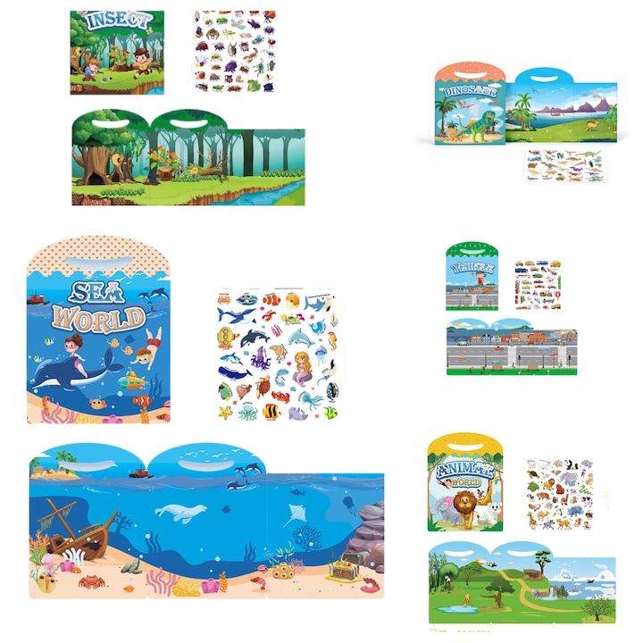 Carte cu Stickere 3D pentru Copii, 5 Scene Tematice, 120 Stickere Refolosibile, Educationale, 2 ani +
