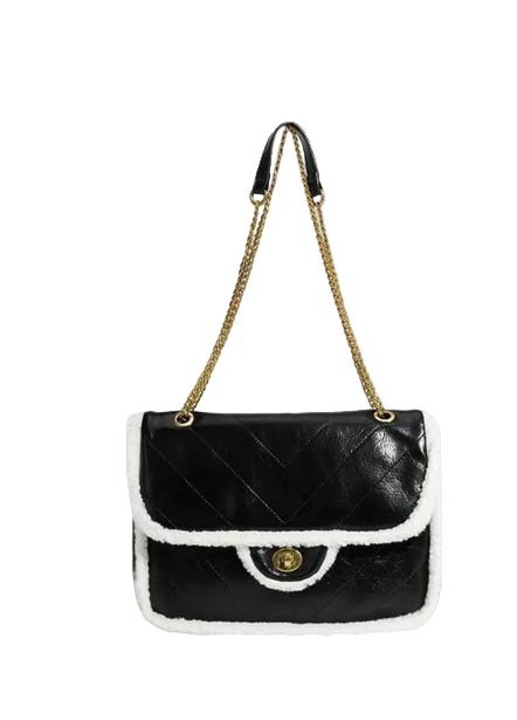 Női plüss táska, lánccal, fekete/fehér