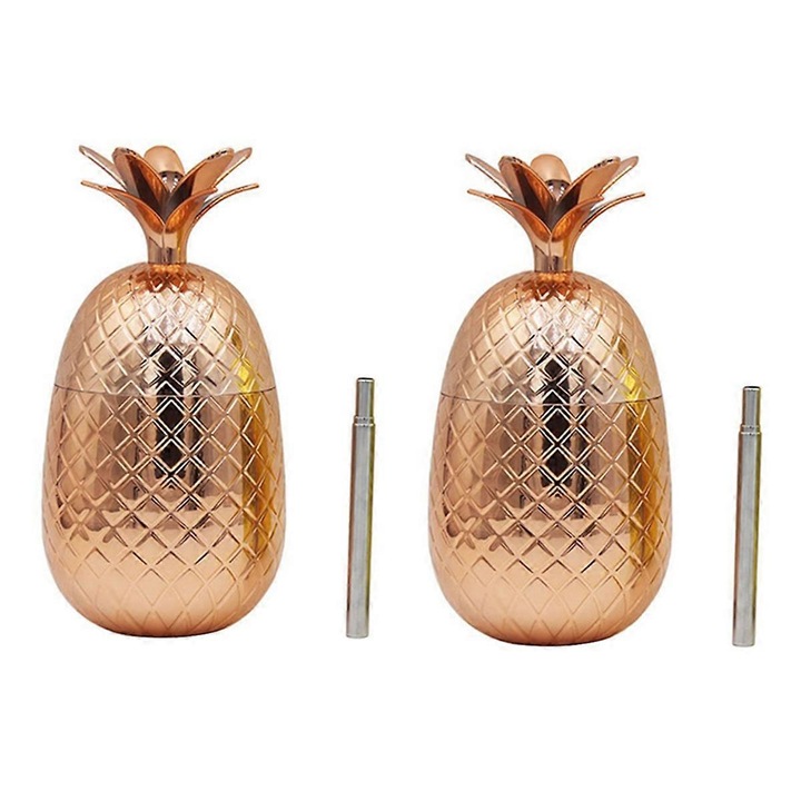 Set 2 Pahare pentru bauturi, design Ananas, 450 ml, set cu pai, cupru